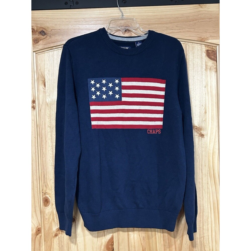 Chaps American Flag Men’s Sweater Crewneck Navy Blue Medium Long Sleeve